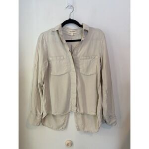 Anthropologie Cloth & Stone Beige Button Front Blouse Roll Tab Sleeve Small
